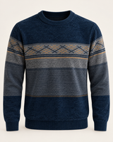 Men's striped chenille crew neck jumper in blue on a neutral background