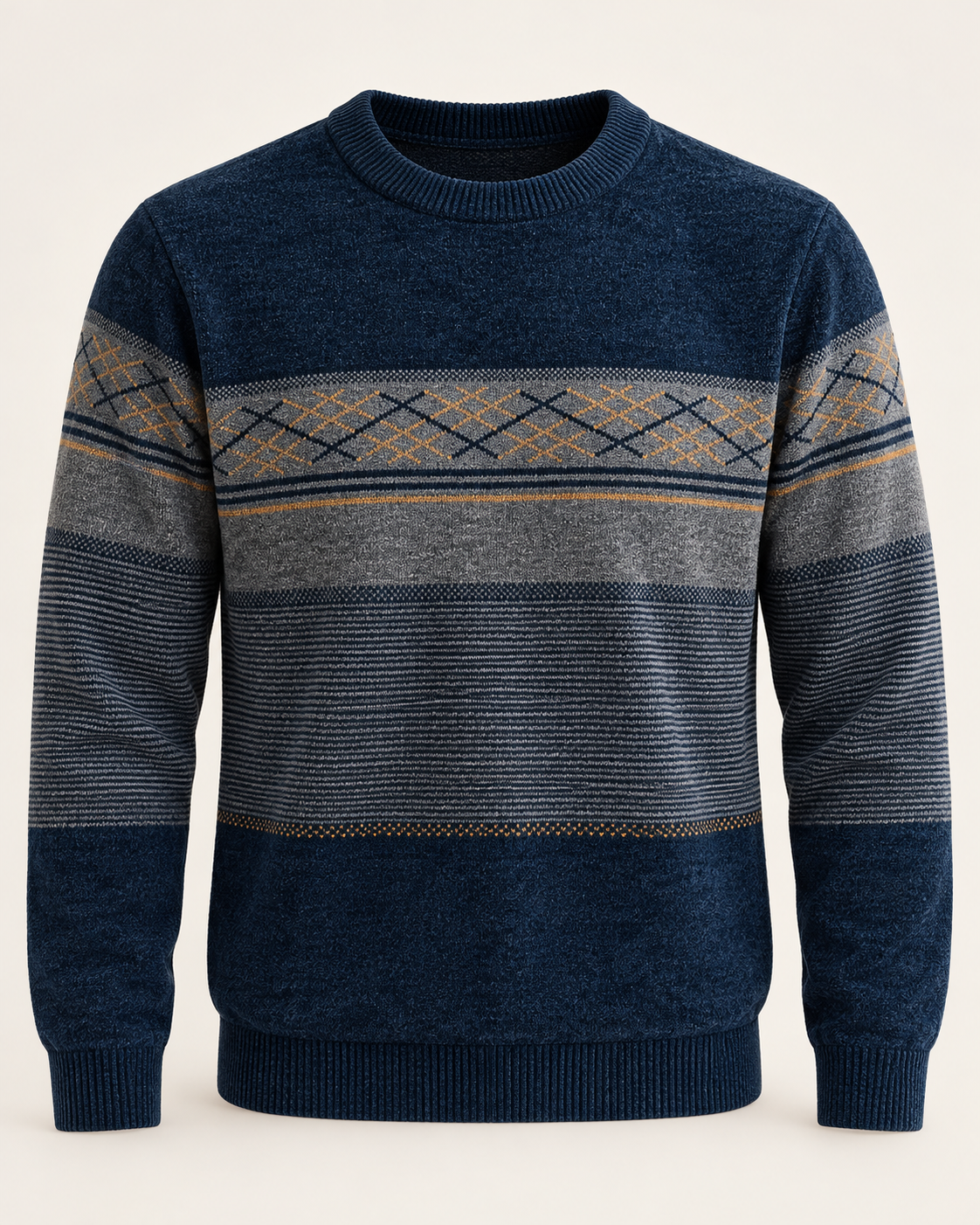 Men's striped chenille crew neck jumper in blue on a neutral background