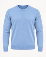 Men's crew neck jumper in baby blue on a neutral background