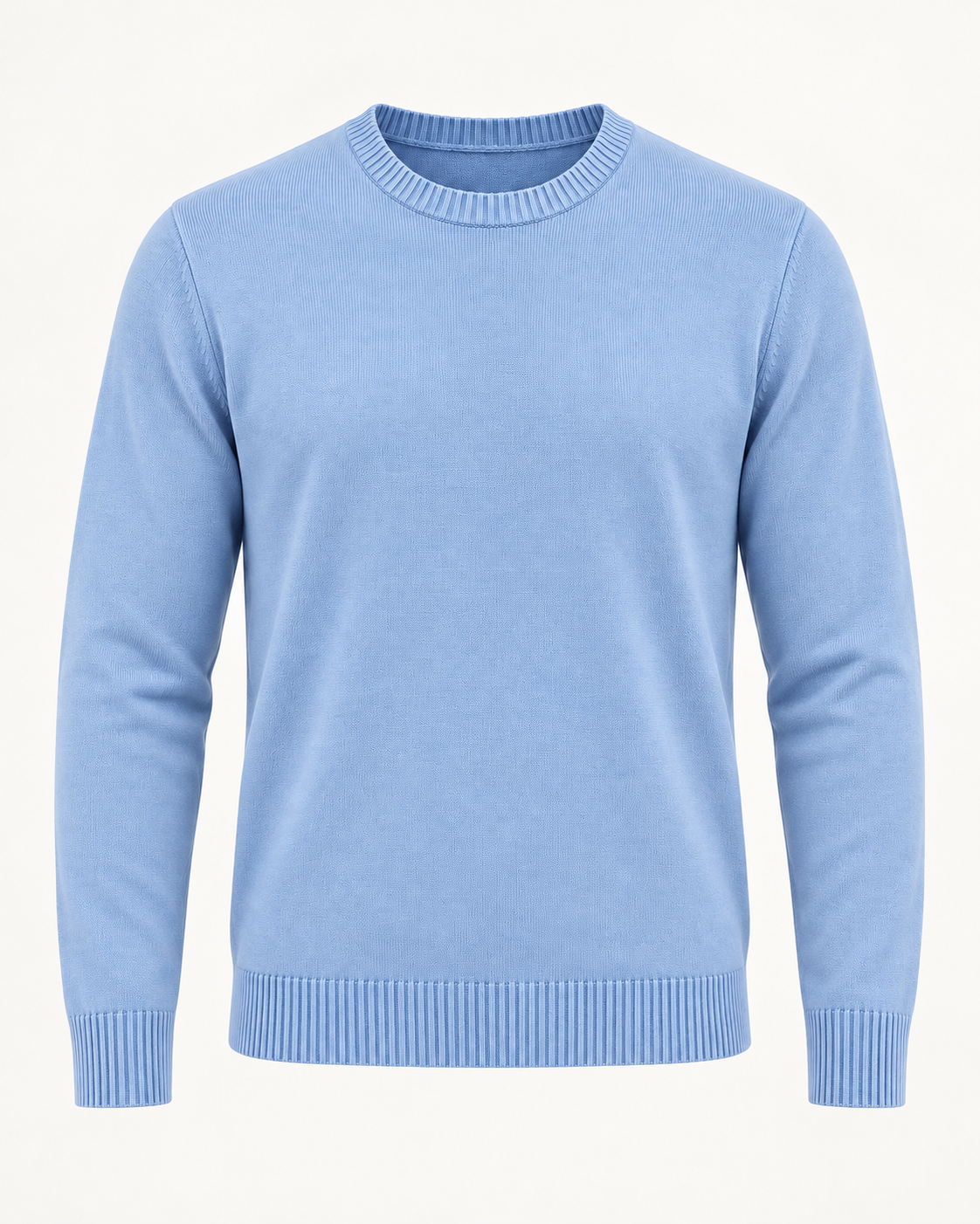 Men's crew neck jumper in baby blue on a neutral background