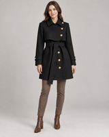 Women's belted jacket in black on a neutral background