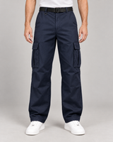 Men's cargo trousers in navy blue on a neutral background