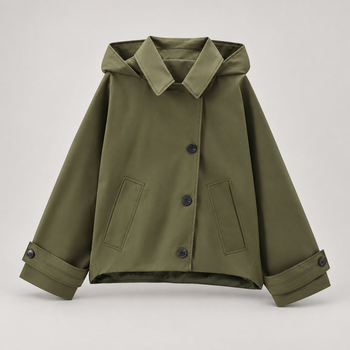 Trench coat for women with a relaxed fit hood and patch pockets — Olive Green