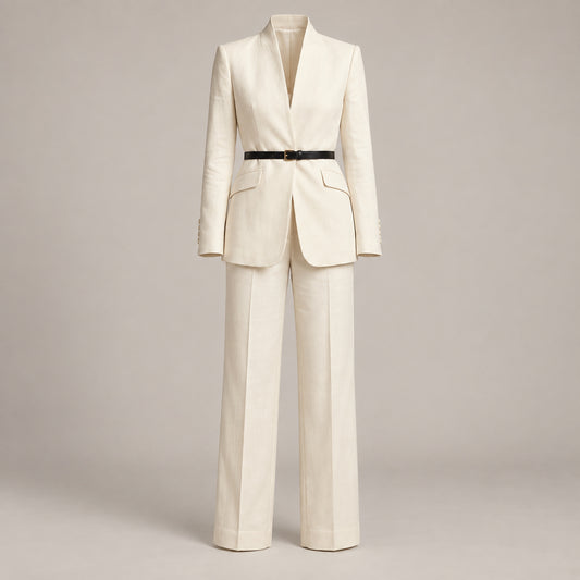 Women’s Tailored Suit Set – Stand Collar and Timeless Structured Fit — White