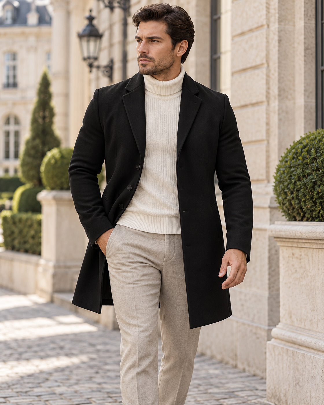 Trench coat for men with a sculpted cut and fluid drape — Black