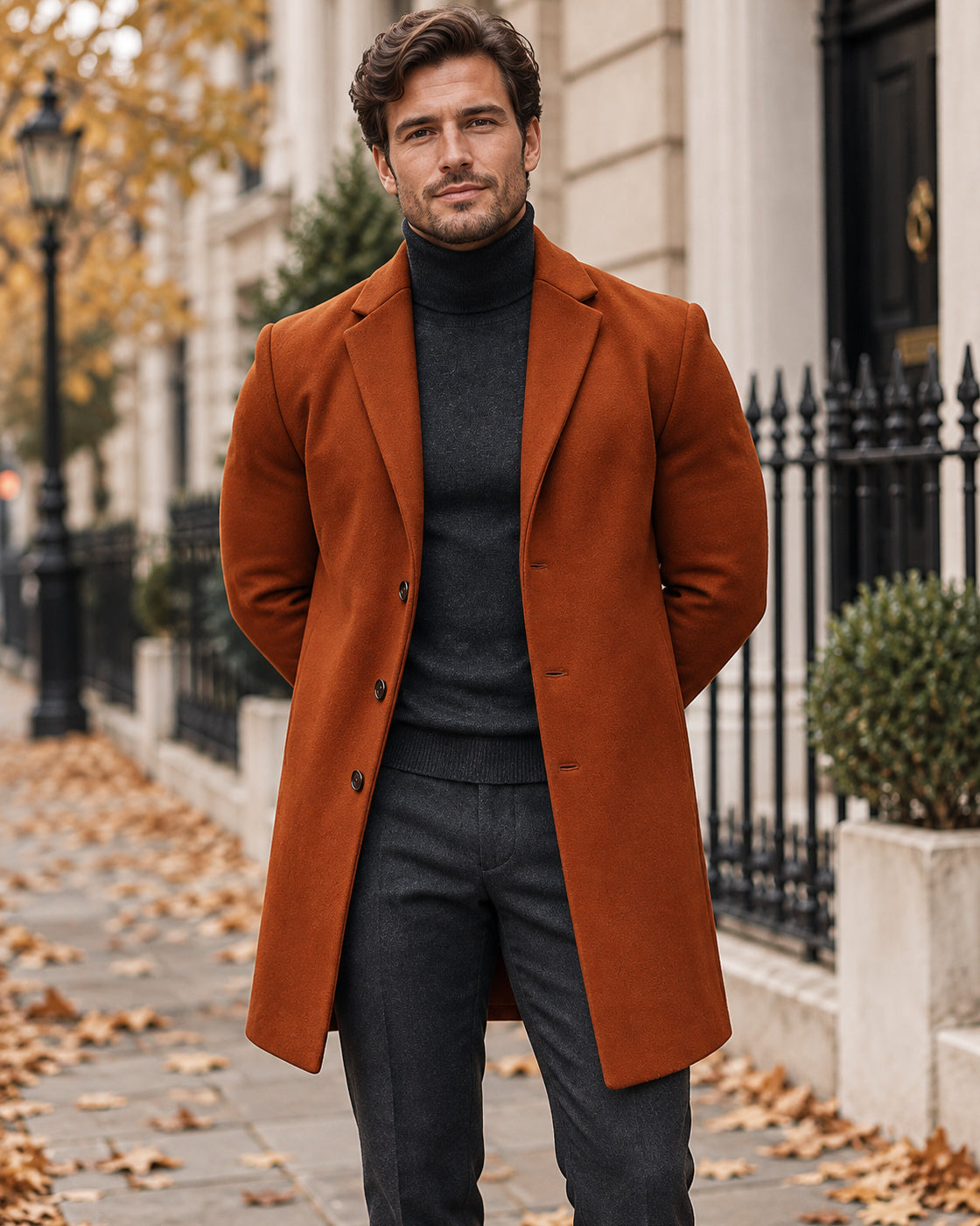 Trench coat for men with a sculpted cut and fluid drape — Brown