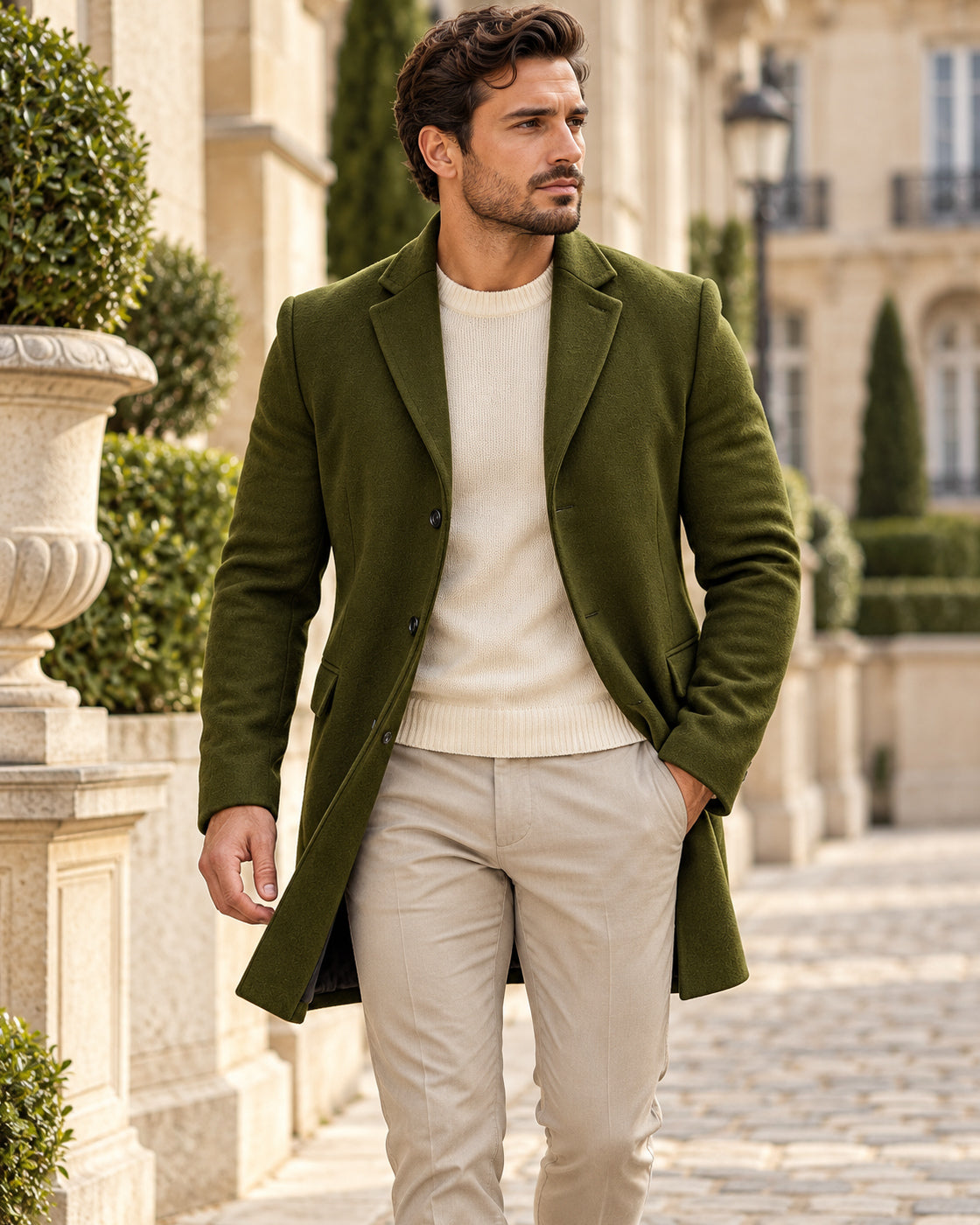 Trench coat for men with a sculpted cut and fluid drape — Green