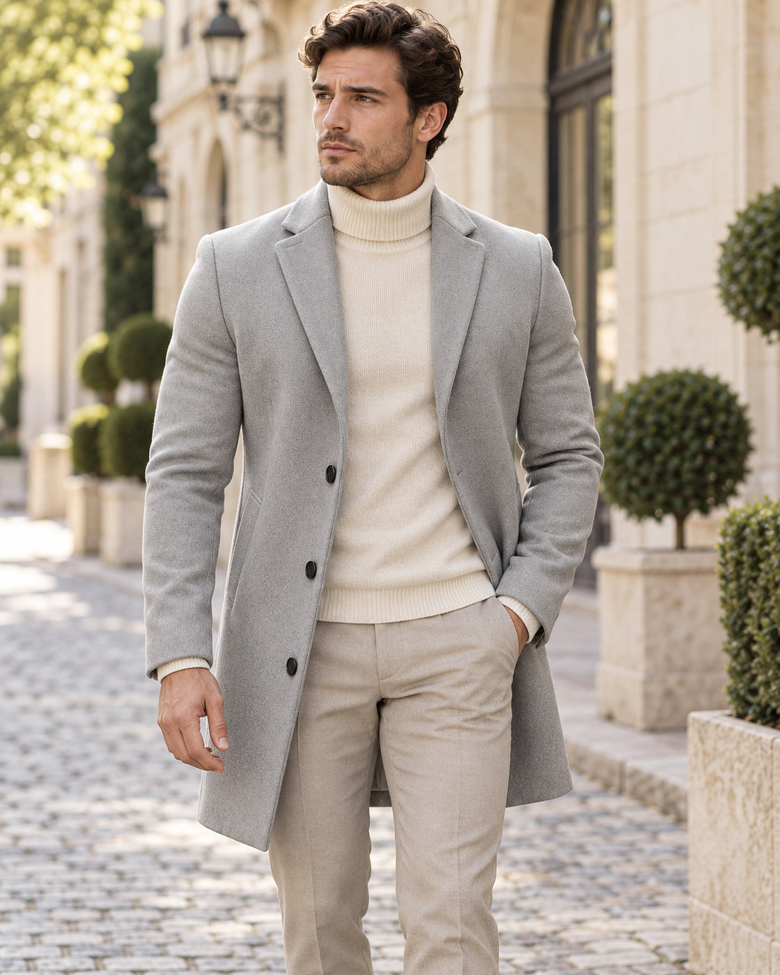 Trench coat for men with a sculpted cut and fluid drape — Grey