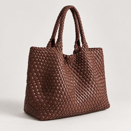 Tote bag for women with large capacity and braided construction — Dark Brown