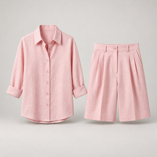 Co-ord set for women with pleated detailing shirt and shorts 2 pieces — Pink