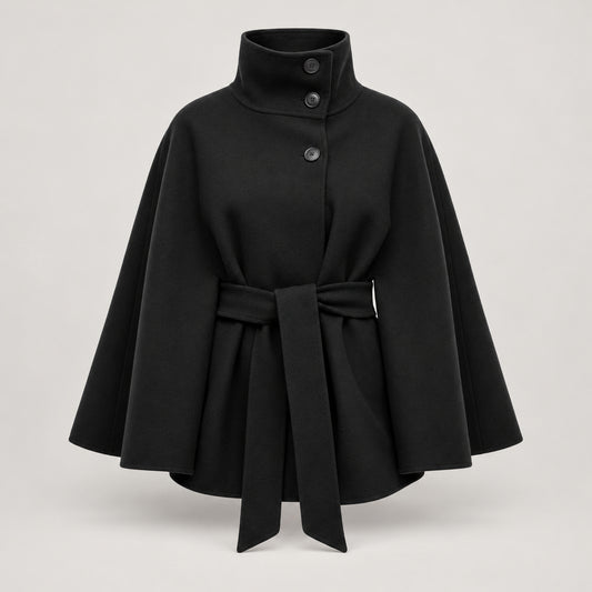 Coat for women in a cape cut with a belt and standing collar — Black