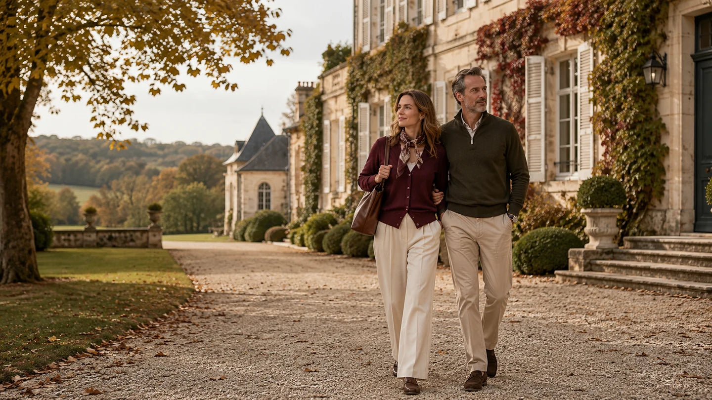 A couple walking beside a historic building and autumn trees.